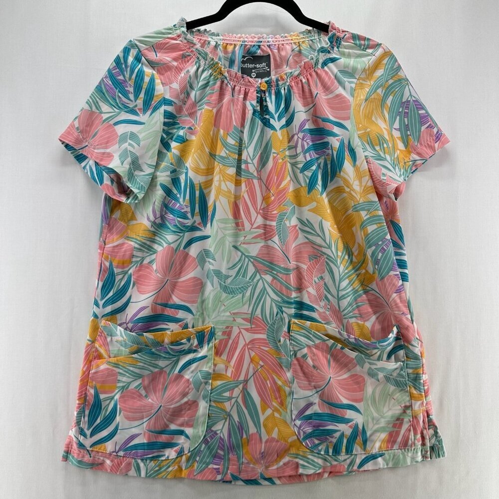 Butter-Soft Scrub Top Womens M Stretch Tropical 6-Pocket Peasant Medical Pink